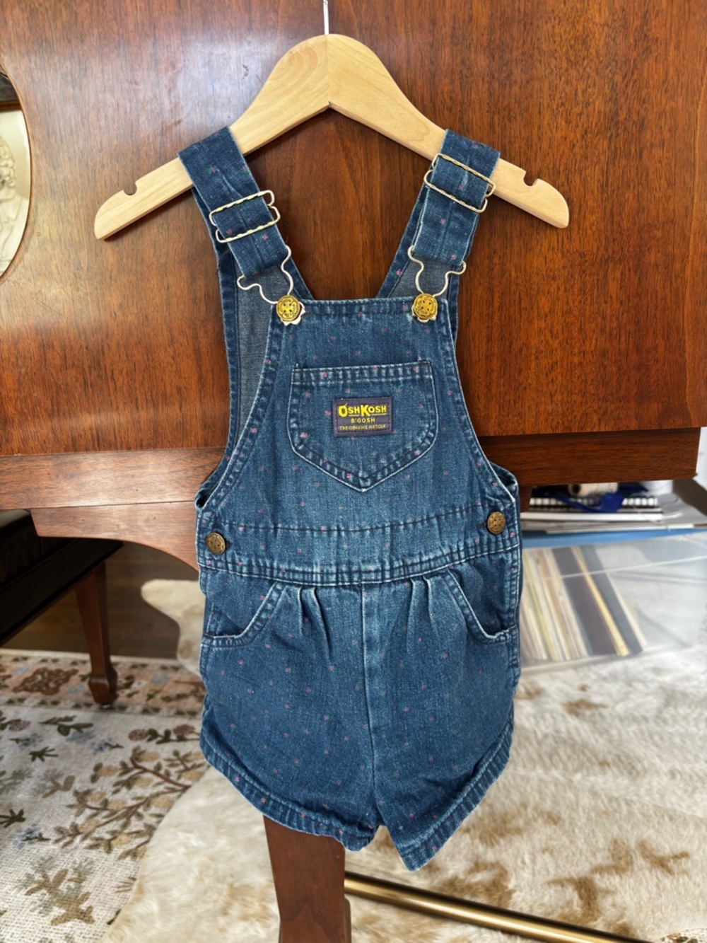 Vintage OshKosh B'gosh Denim Blue Shortalls with Pink Flowers